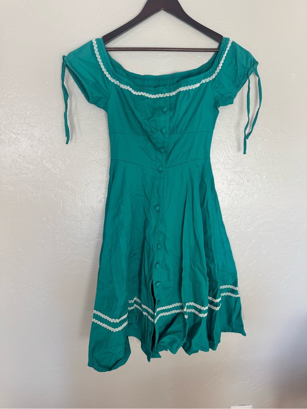 Teal Button-Front Off-Shoulder Dress with Trim